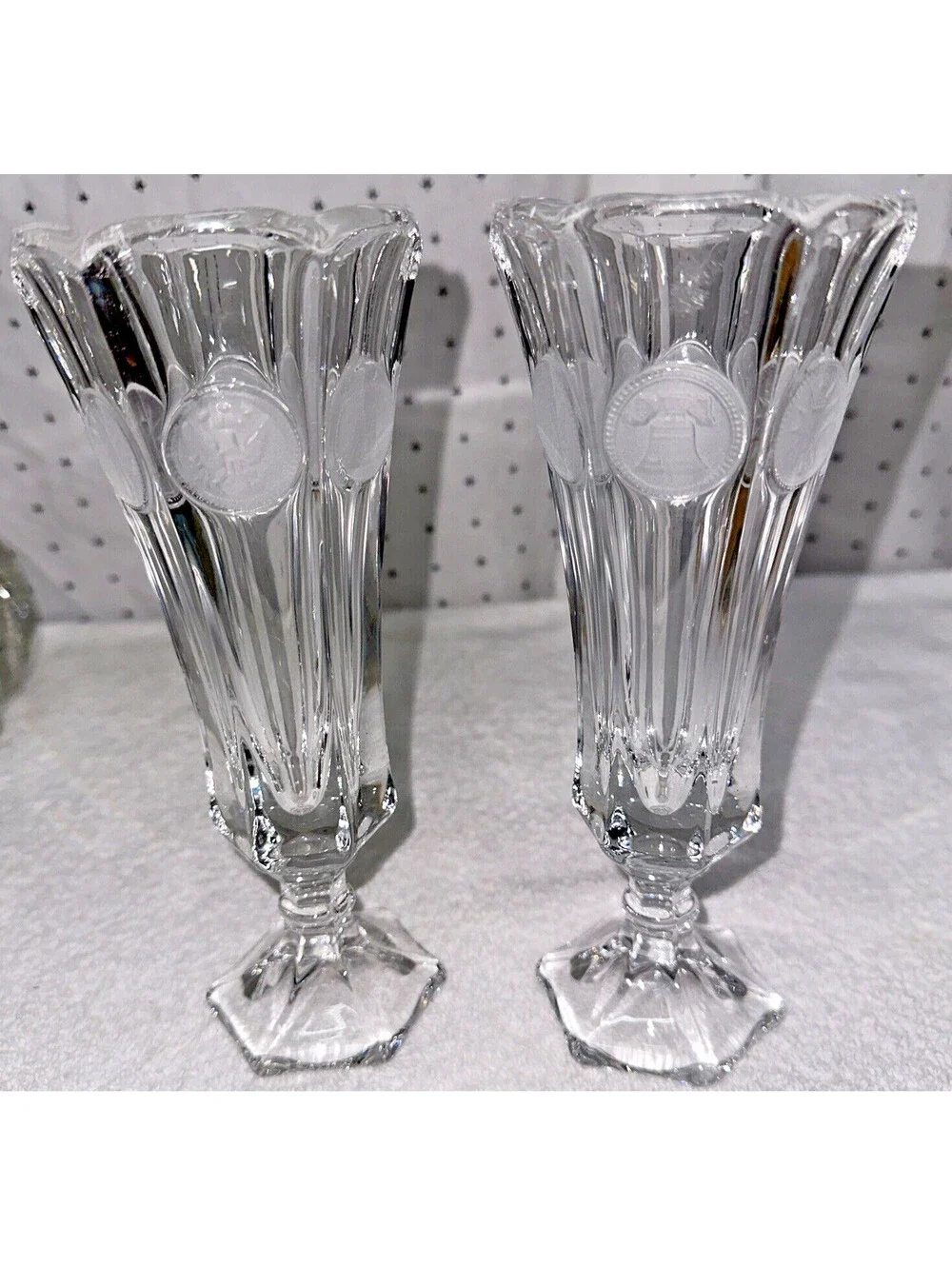 2 Vtg Fostoria Coin Glass Clear Fluted Panel Scalloped Edge Pedestal Foot Vase